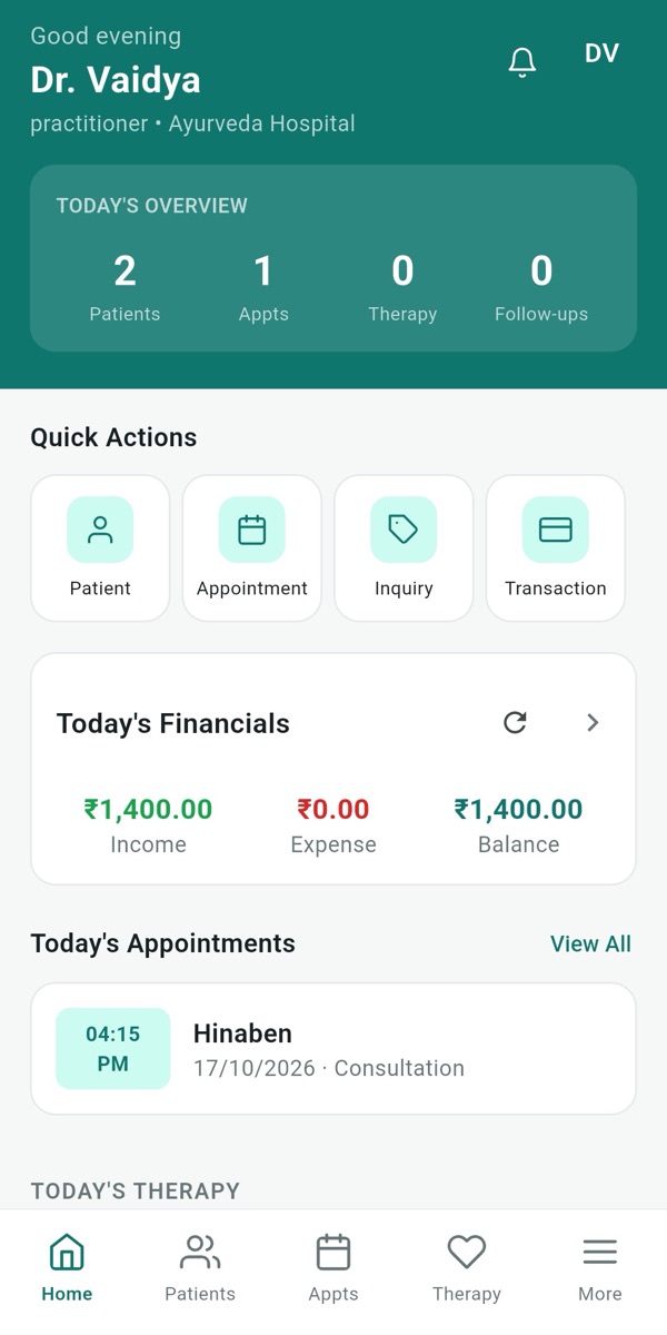 Ayumanager PRO Android app home screen showing today's overview, quick actions, financials and appointments