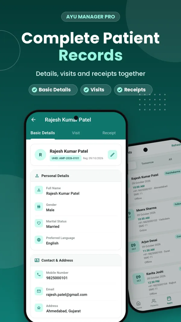 Ayumanager PRO app patient record with basic details, visits and receipts